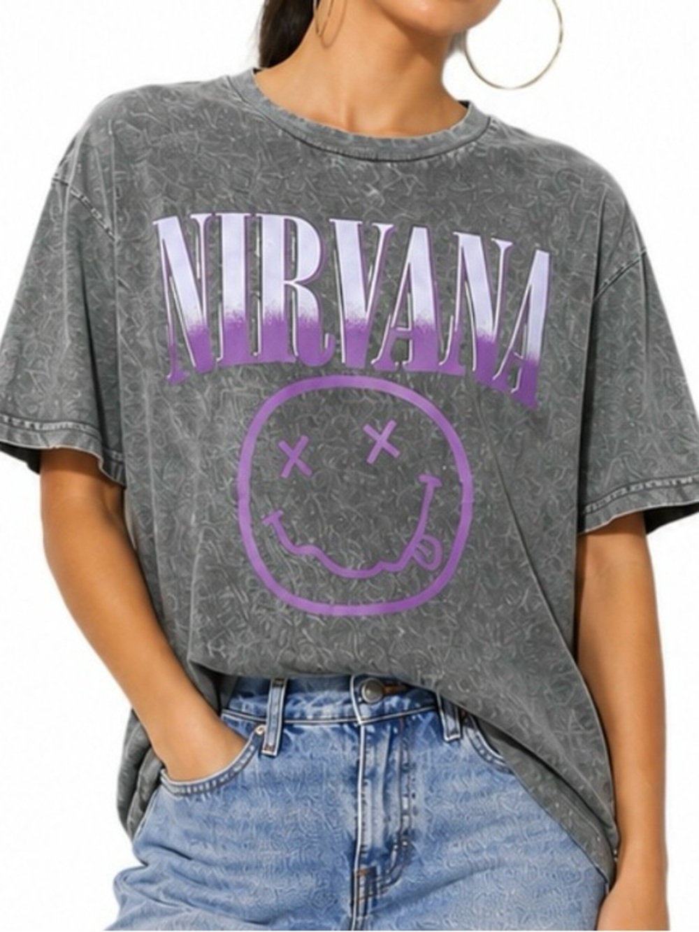 Nirvana 90s Retro Style Smiley Face Graphic T-Shirt Gray & Purple Short Sleeve